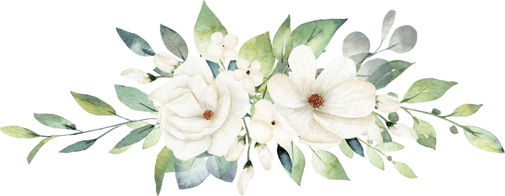 Watercolor Bouquet of White Flowers and Greenery Leaves