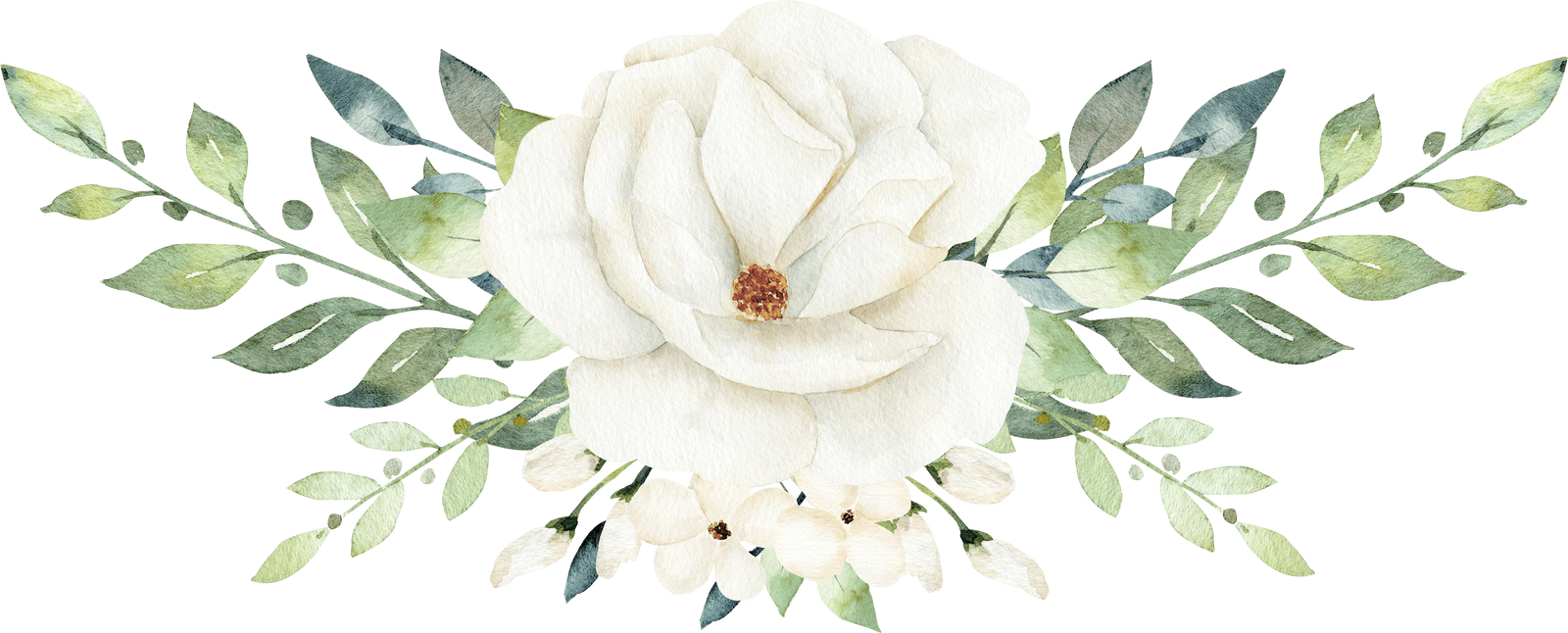 Watercolor Bouquet of White Flowers and Greenery Leaves